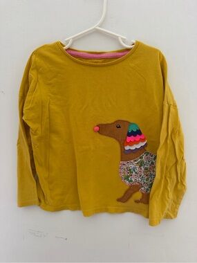 Mini Boden kids Mustard Long-Sleeve Top with Colorful Dog Appliqué